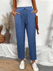 Calvaya 女式春夏紋理窄腳牛仔褲，深藍色 - 藍色 - 查看 7