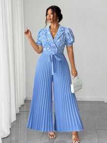 Elenzga 女士加大码优雅提花面料泡泡袖，缺口领，纽扣装饰，后拉链，腰带蝴蝶结，褶皱设计连体裤，适合派对和聚会，2025 年新款 - 藍色 - 查看 4