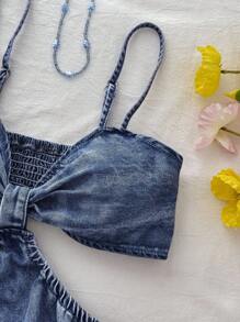 Soleia Vestido de mezclilla sin mangas para mujer, mini vestido ajustado informal, azul