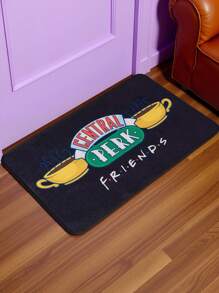 FRIENDS X SHEIN 1 pieza Felpudo de cocina antideslizante e impermeable con patrón de taza de café de dibujos animados, fácil de limpiar, disponible en dos tamaños, color negro resistente a la suciedad