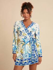 Travachic Vestido corto de manga larga con estampado de palmeras y cierre delantero de lazo, estilo de vacaciones para mujer - Azul - Ver 2