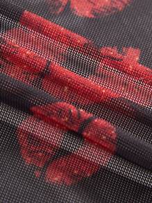 SHEIN MOOSTA Große Größen Damen Stehkragen Langarm Sexy Roter Lippen Muster Crop Top