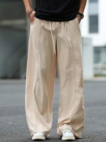 Manfinity Roghcode Men's Apricot Relaxed Elastic Waist Loose Wide Leg Pants Men Baggy Wide Pants Men Loose Straight Leg Casual Pants - Apricot - View 3