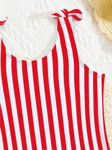 SHEIN Baby Girls Beachwear One-Piece Swimsuit, Digital Polyester Striped & Floral Print Fashionable & Cute For Summer Swimming - Red - View 4
