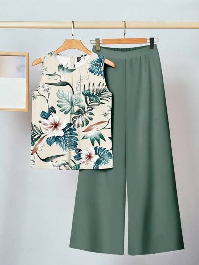SHEIN Clasi 2pcs Set Women Casual Elegant Ruched Round Neck Loose Tank Top & Straight Leg Pants Suit, Suitable For Summer, Tropical Floral & Leaf Print Design Summer Pants Sets Women Summer 2 Pieces Sets Suitable For Going Out