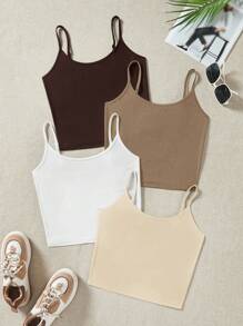 SHEIN EZwear 4 件套女士棕色、卡其色、杏色、白色紧身短款休闲背心，适合夏季 - 彩色 - 查看 7