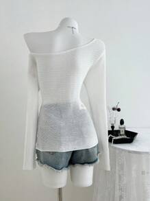 Elamini Áo len dệt kim cổ tròn trơn màu đơn giản không đối xứng dành cho nữ mùa thu đông - trắng - Xem 2