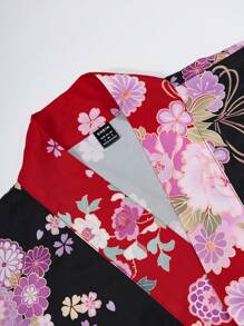 Irokai Elegant Retro Floral Print Japanese-Style Kimono Yukata(Without Fan)