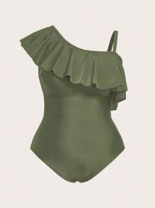 Swim Oasis 2pcs Plus Size Women Ruffled Collar Random Print One-Piece Swimsuit With Matching Skirt Coverup - Olive Green - View 3