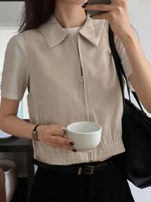 DAZY Women's Casual Plain Collared Sleeveless Zip-Up Top - Beige - View 1