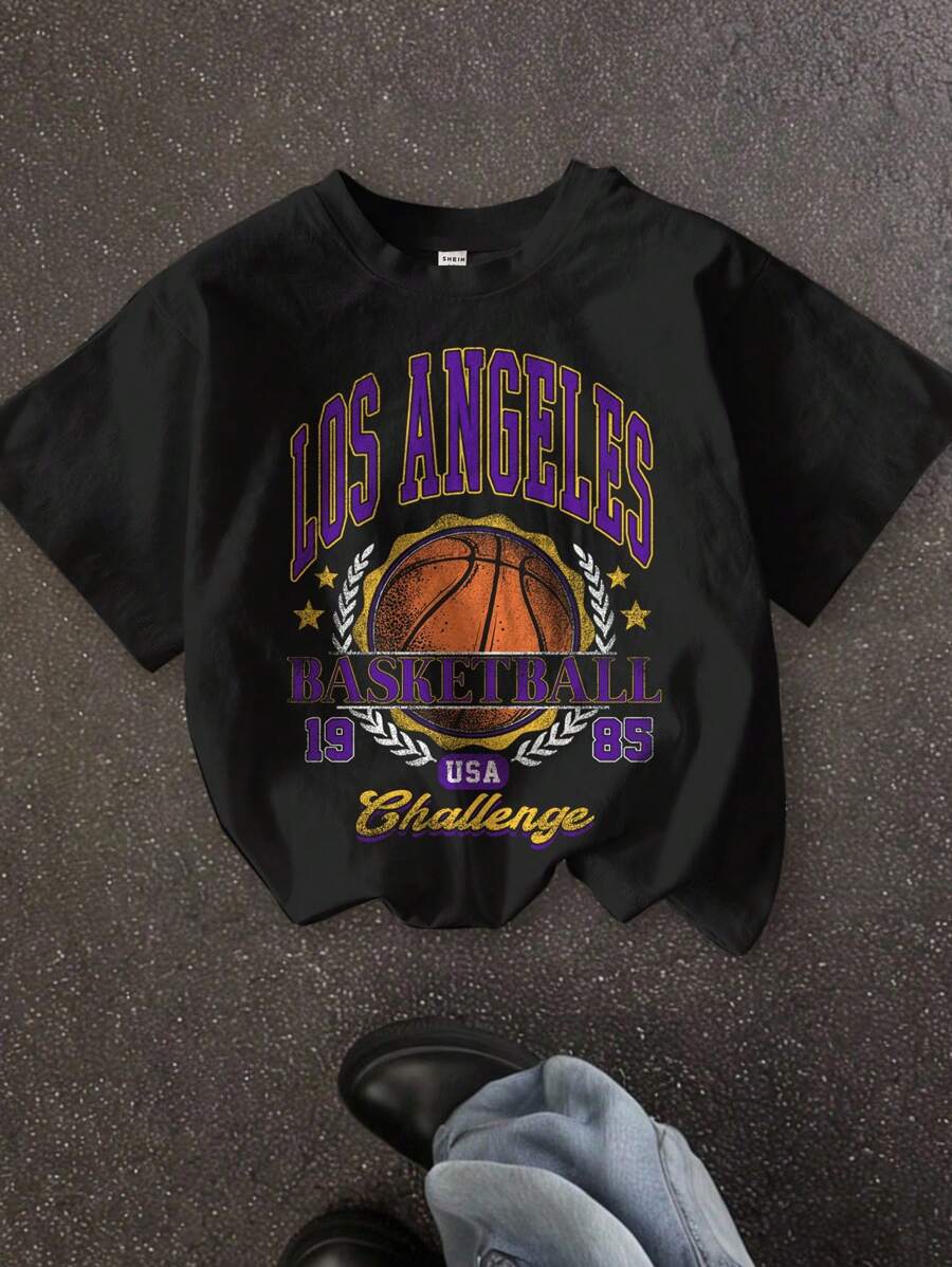 SHEIN Tween Boy Casual Minimalist Cartoon Pattern Short Sleeve Round Neck T-Shirt, Cotton Blend For Summer