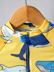 SHEIN 2 件套年轻男孩度假可爱卡通印花撞色长袖防晒衣和帽子套装，适合海滩、泳池、春夏季节