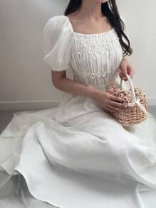 FRIFUL Women's Palace Style Princess Solid Color White Puff Sleeve Pearl Decor A-Line Mesh Vacation Dress - Beige - View 7