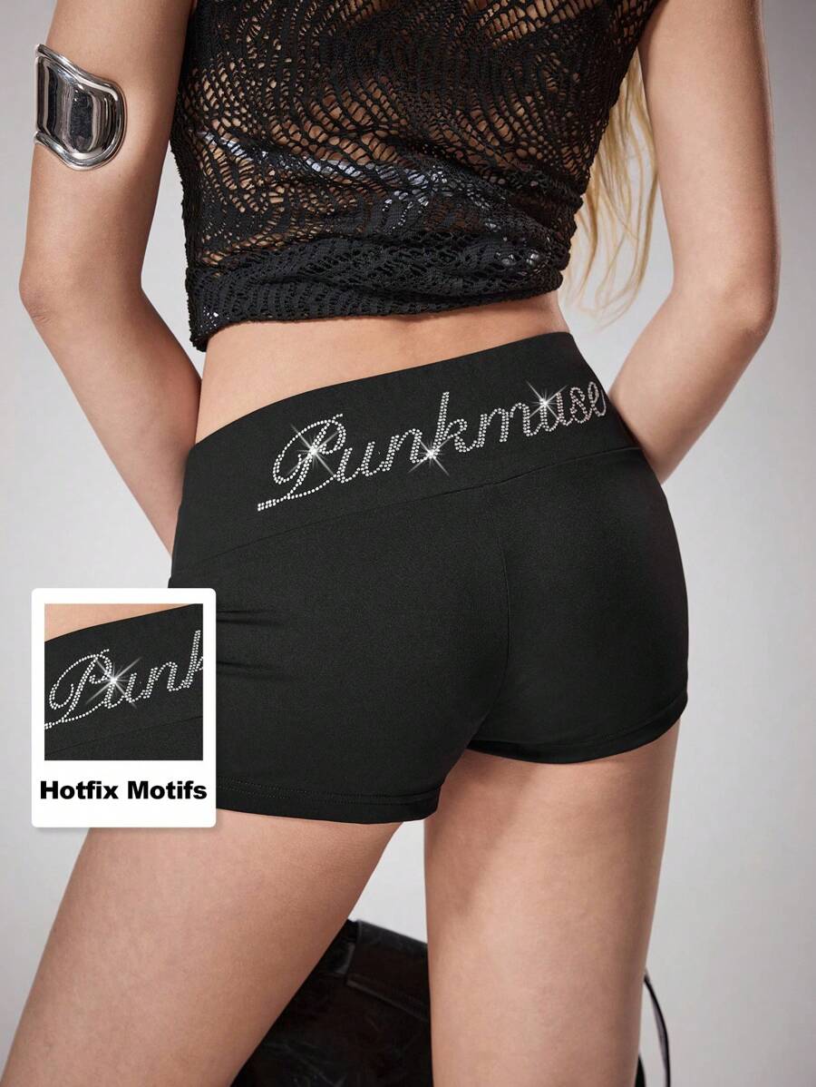 Y2Kool BiGraphic Women's Low-Waist Casual Rhinestone Decorated Yoga Sports Punk Goth Skinny Shorts Suitable For Summer Holiday Sports Music Festivals Daily Wear Rhinestone Shorts Black Shorts Women Booty Shorts Y2K 2000s Back To School Club Outfits Women Sexy Black Shorts