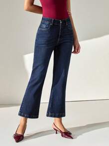 Mid Waist Dark Wash Elegant Flare Jean - Dark Wash - View 6