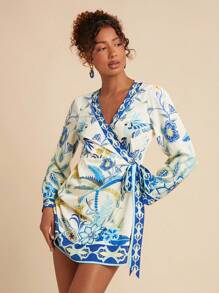 Travachic Vestido corto de manga larga con estampado de palmeras y cierre delantero de lazo, estilo de vacaciones para mujer - Azul - Ver 5
