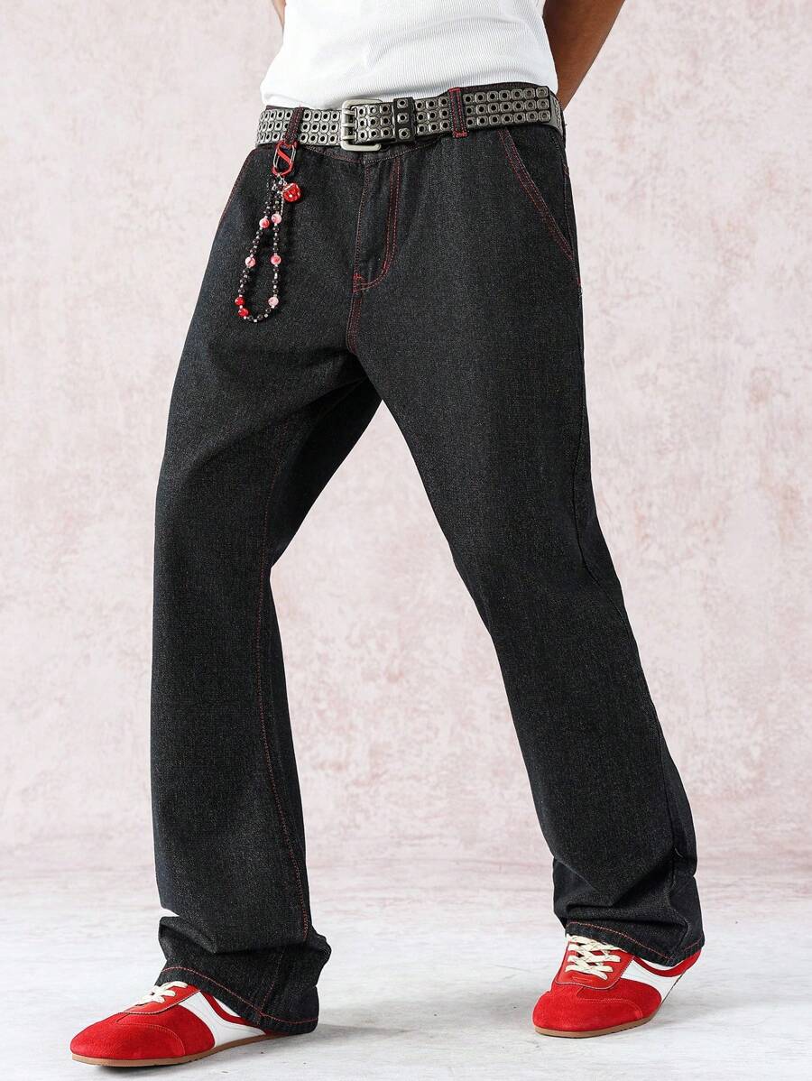 Manfinity Roghcode Vaqueros informales ceñidos y acampanados con bolsillos para hombre - Azul lavado oscuro - Ver 1