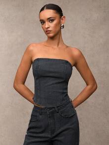 SHEIN BAE 女士时尚水钻装饰短款牛仔吊带背心，夏季 - 深灰色 - 查看 5