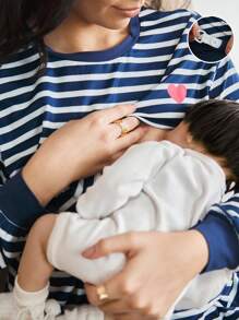 BloomMama 2pcs Maternity Stripe & Heart Print Casual Nursing Pajamas For Pregnant Women, Fall Winter Clothes - Multicolor - View 4