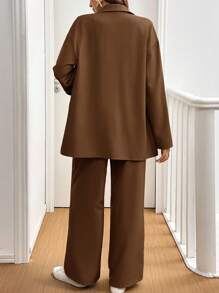 SHEIN Frenchy 女式纯色翻袖单排扣衬衫和裤子两件套休闲装 - 巧克力棕 - 查看 2