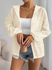 SHEIN Essnce Women's Plain Hooded Jacket With Long Sleeves, Zip Front And Pleated Detail In Fall/Winter - Apricot - View 1