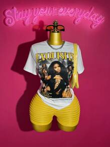 Slaydiva 2pcs Women Summer Casual Street Style Outfit: Loose Round Neck Short Sleeve Printed Tee + Yellow Textured Mesh Mini Shorts, Suitable For Easter, Music Festivals, Everyday Wear, Parties, Christmas, Valentine's Day, Dates, Beach, Cruise, Carnival, Street Fashion Y2k 2 Pieces Set - Multicolor - View 1