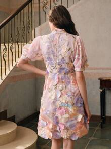 Anewsta 春夏新款女式都市优雅网眼提花刺绣 3D 花朵中长连衣裙，适合情人节、约会之夜、度假装