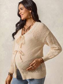 Boho Mama 孕妇纯色镂空长袖前系带毛衣开衫，秋季女装 - 卡其色 - 查看 3
