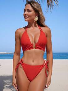 Swim Lushoire 2 pezzi/Set Costume da bagno bikini da donna di colore rosso con collo alto, design con finitura centrale
