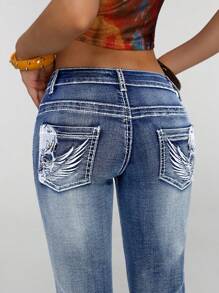 SHEIN Tall Women's Low Waist Versatile Embroidered Flare Leg Jeans - Dark Wash - View 4