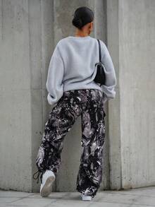 SAYEHFBABY Women's Cargo Streetwear Tree Branch Pattern With Pockets Pants - Black and White - View 4