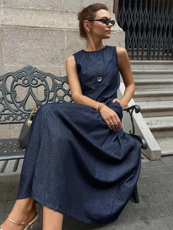 DAZY Women Casual Washed Denim Sleeveless Mini Dress Denim Midi Dress Blue Midi Dress Denim Dress Navy Blue Midi Dress Sleeveless Denim Dress