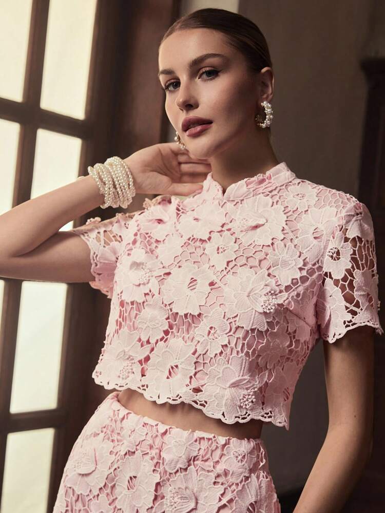 ZEYLAH Conjunto de 2 piezas elegante con blusa de manga corta con cuello de encaje floral y falda