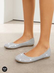 SHUZIA Women's Wide-Fit Comfortable Round Toe Rhinestone Flats For Christmas Valentine's Day Wide Fit - Metallic Silver - View 7