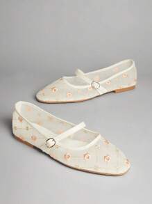 SHUZIA 魅力女士白色刺绣网眼玛丽珍平底鞋复古风多花芭蕾舞鞋带系带假日趣味舒适