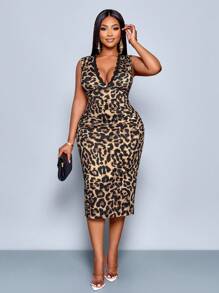 SOLERSUN 大码女式撞色蕾丝豹纹深 V 领灯笼袖修身中长连衣裙，优雅通勤、休闲约会、性感浪漫情人节、春夏时尚无袖节日派对 - 棕色 - 查看 5