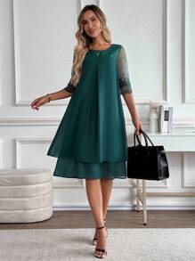 Miaspire 女士优雅通勤刺绣网眼拼布中长连衣裙