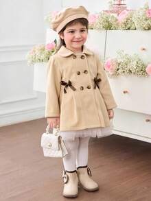 SHEIN Baby Girl Khaki Color Lapel Butterfly Winter Coat With Hat, Versatile - Camel - View 4
