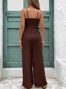 SHEIN Frenchy Salopetă de vară pentru femei, casual, culoare solidă, fără mâneci, cu picior larg, cu buzunare laterale și curea în talie - cafea maro - Vizualizare 2