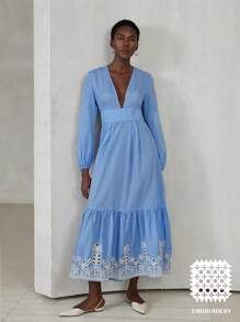 Aveloria Modichic Robe élégante de style rétro pour femmes avec col en V profond, manches longues et couleurs contrastées, avec broderie - Multicolore - Voir 3