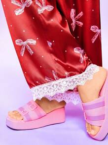 Notgurli Women's Bow & Polka Dot Print Contrast Lace Pajama Pants, Loungewear Bottom - Burgundy - View 6