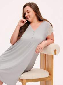 LUVLETTE Women Plus Super Soft TENCEL™ Modal With Lace Airy Nightdress Lingerie Slip Dress& Pyjamadressing - Grey - View 7