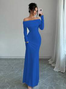 Rafferiza Royal Blue Elegant Off The Shoulder Maxi Dress Women Autumn Long Sleeve Bodycon Backless Ribbed Knit Fishtail Hem Dining Outfit Fitted Dress - Royal Blue - View 5