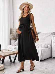 SHEIN Vestido de maternidad de línea A con bolsillos asimétricos de unicolor - Negro - Ver 6