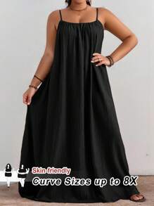 SHEIN CURVE+ Curve Plus Size/Autumn Clothes /Fall Women Clothes/Winter Clothes For Women/Winter ClothesPlus Size Solid Pleated Detail Casual Cami Dress,Suitable For Birthday Party, Graduation Ceremony, Student Wear, Casual Daily, Vacation Curve Maxi Dress Curve Summer Dress Plus Size Maxi Dress Plus Size Sundress Curvy Maxi Sundress,Holiday Outfits For Women