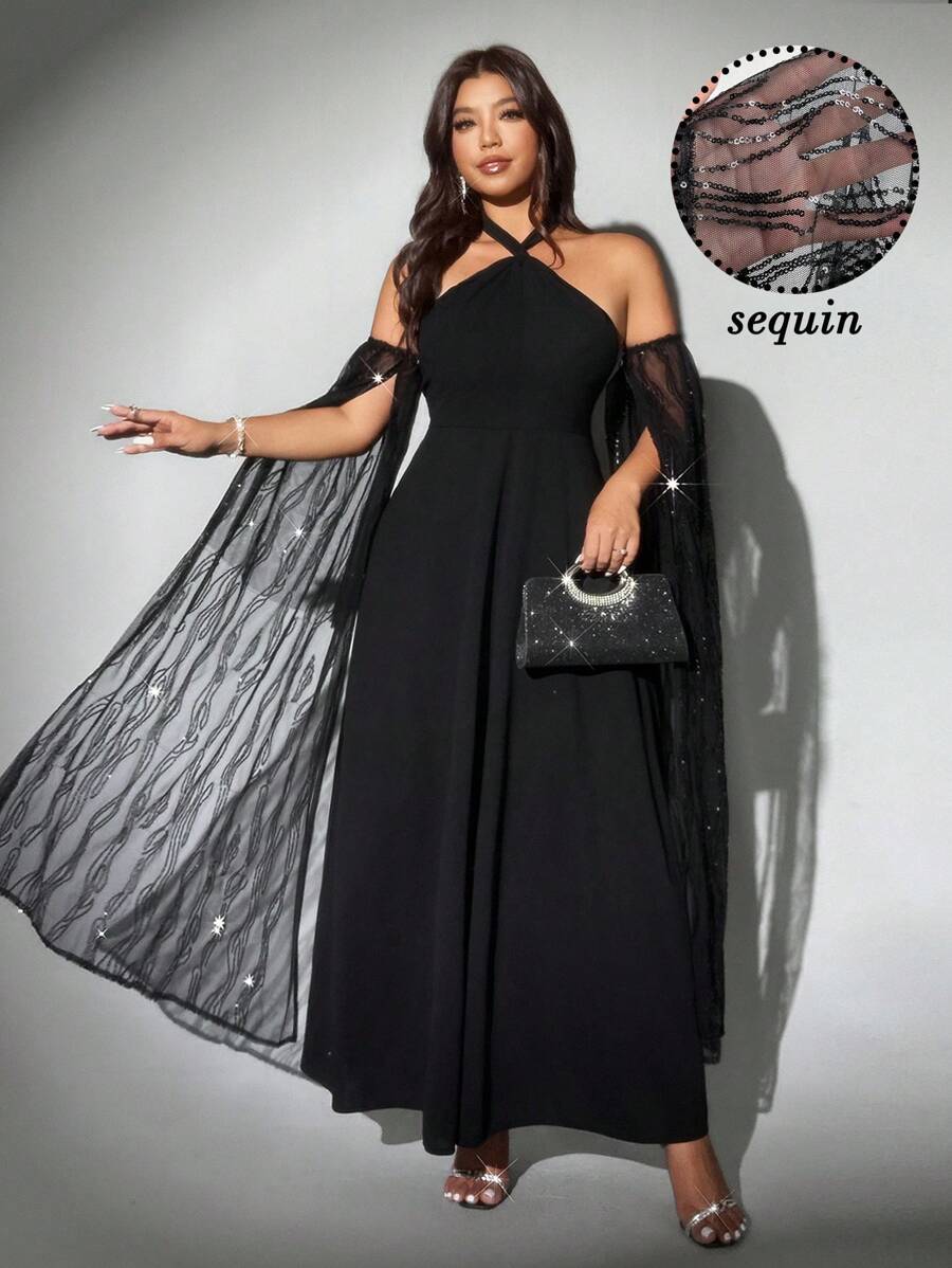 Viva Relle Große Größen Schulterfrei Sexy Kleid mit Pailletten, Netzstoff, Neckholder, taillierter Taille - Schwarz - Übersicht 1