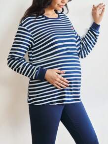 BloomMama 2pcs Maternity Stripe & Heart Print Casual Nursing Pajamas For Pregnant Women, Fall Winter Clothes - Multicolor - View 2