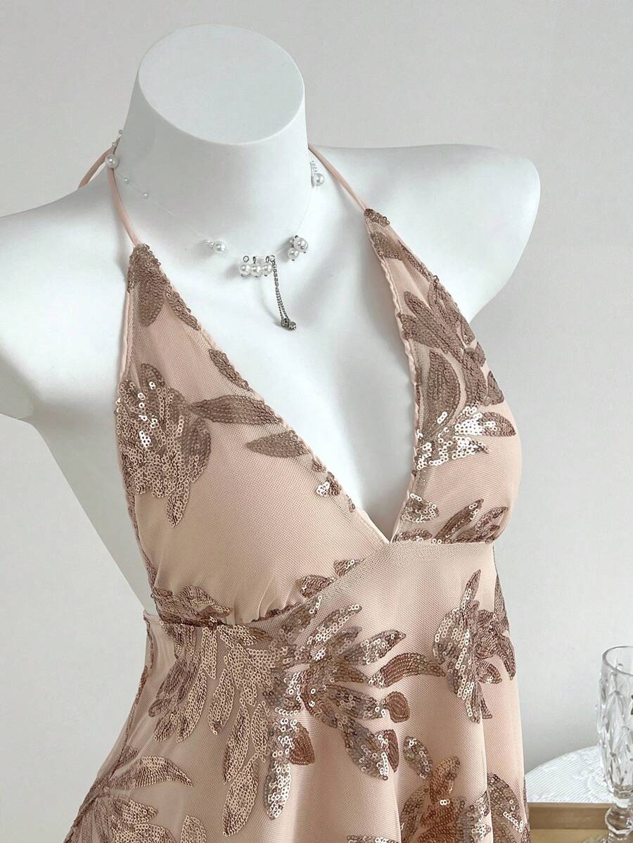 SHEIN Unity 女士性感亮片刺绣露背吊带短款上衣（夏季） - 杏色 - 查看 1