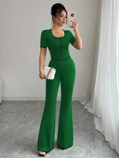 Elenzga 2 件套女式纽扣衬衫上衣和裤子套装，休闲通勤优雅装