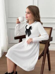 SHEIN Abito a vita svasata a girocollo in maglia melange per ragazze pre-adolescenti, decorato con fiocco, stile elegante da signora, versatile per tutte le stagioni